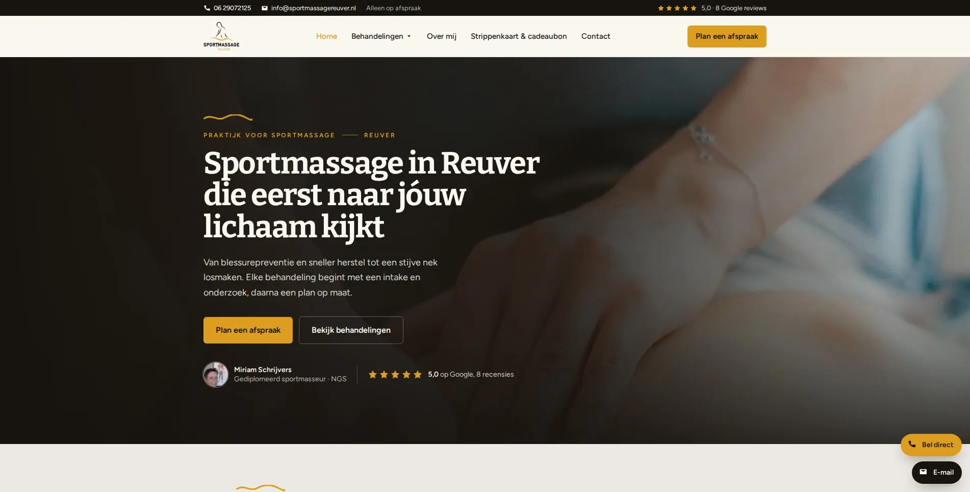 De website van Sportmassage Reuver, gebouwd door Vimonto