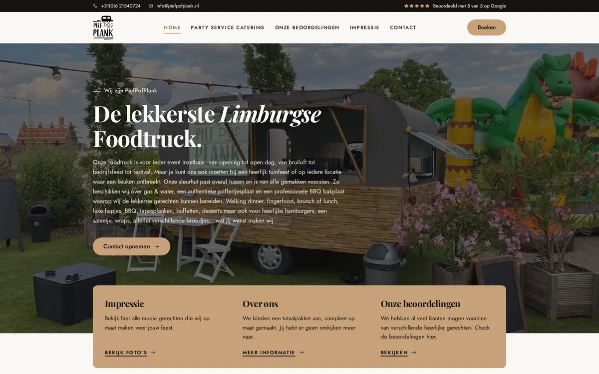 De website van PiefPofPlank, gebouwd door Vimonto
