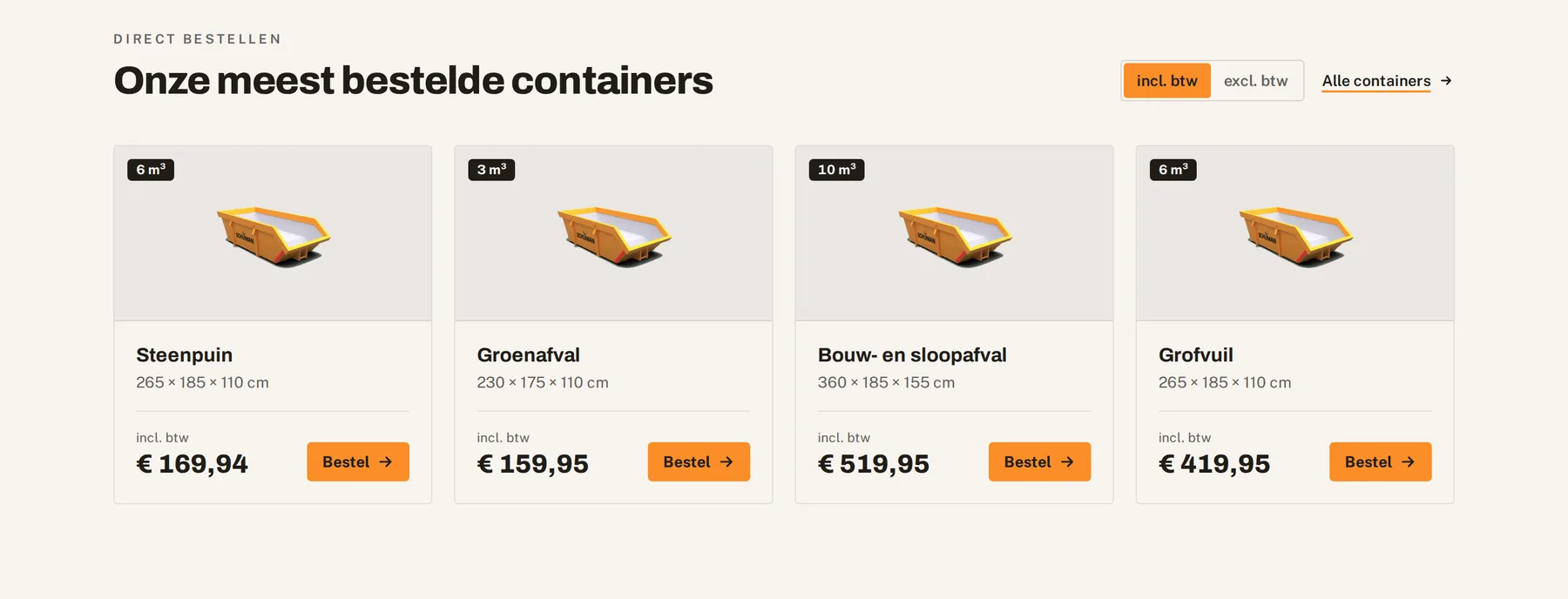 Het overzicht met de meest bestelde containers van Schuman Recycling, met de schakelaar tussen prijzen inclusief en exclusief btw