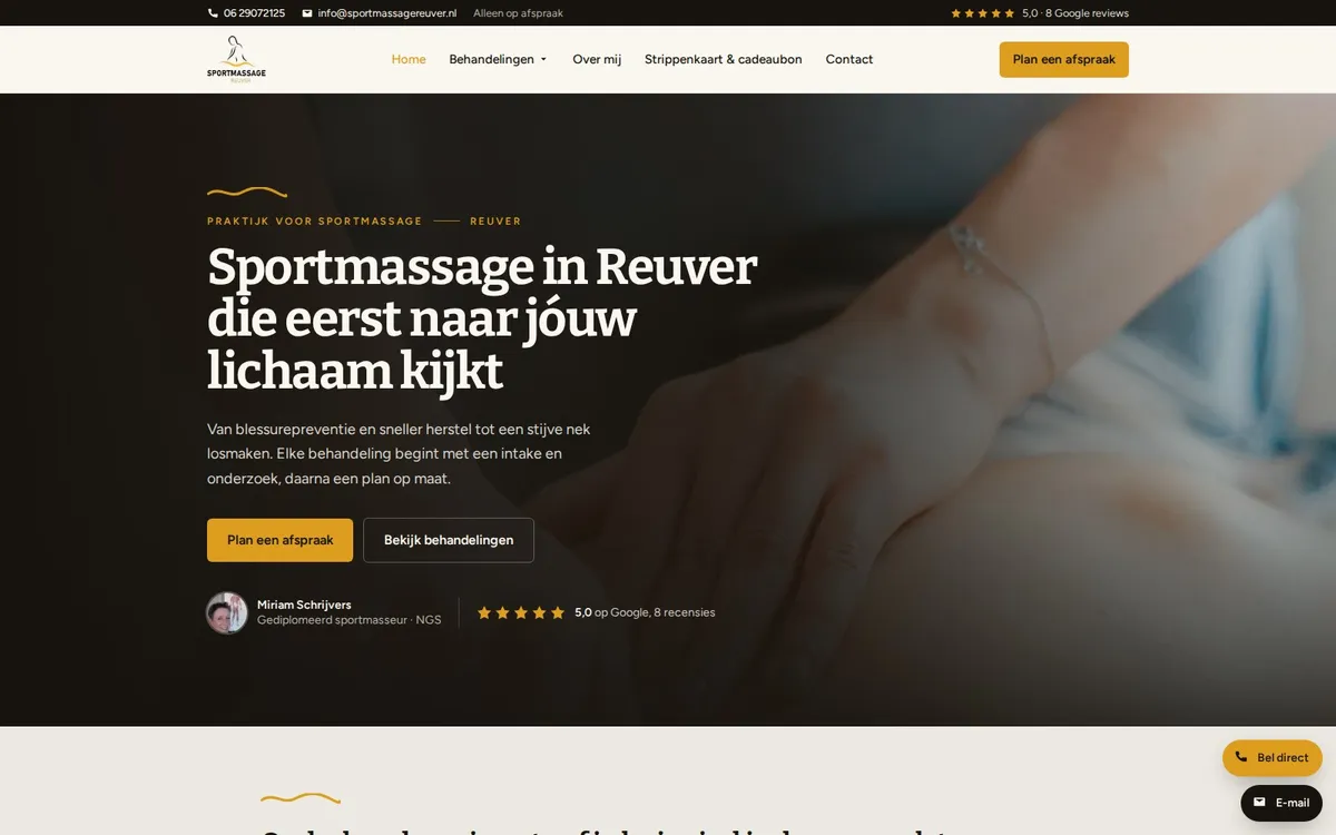 De website van Sportmassage Reuver, gebouwd door Vimonto