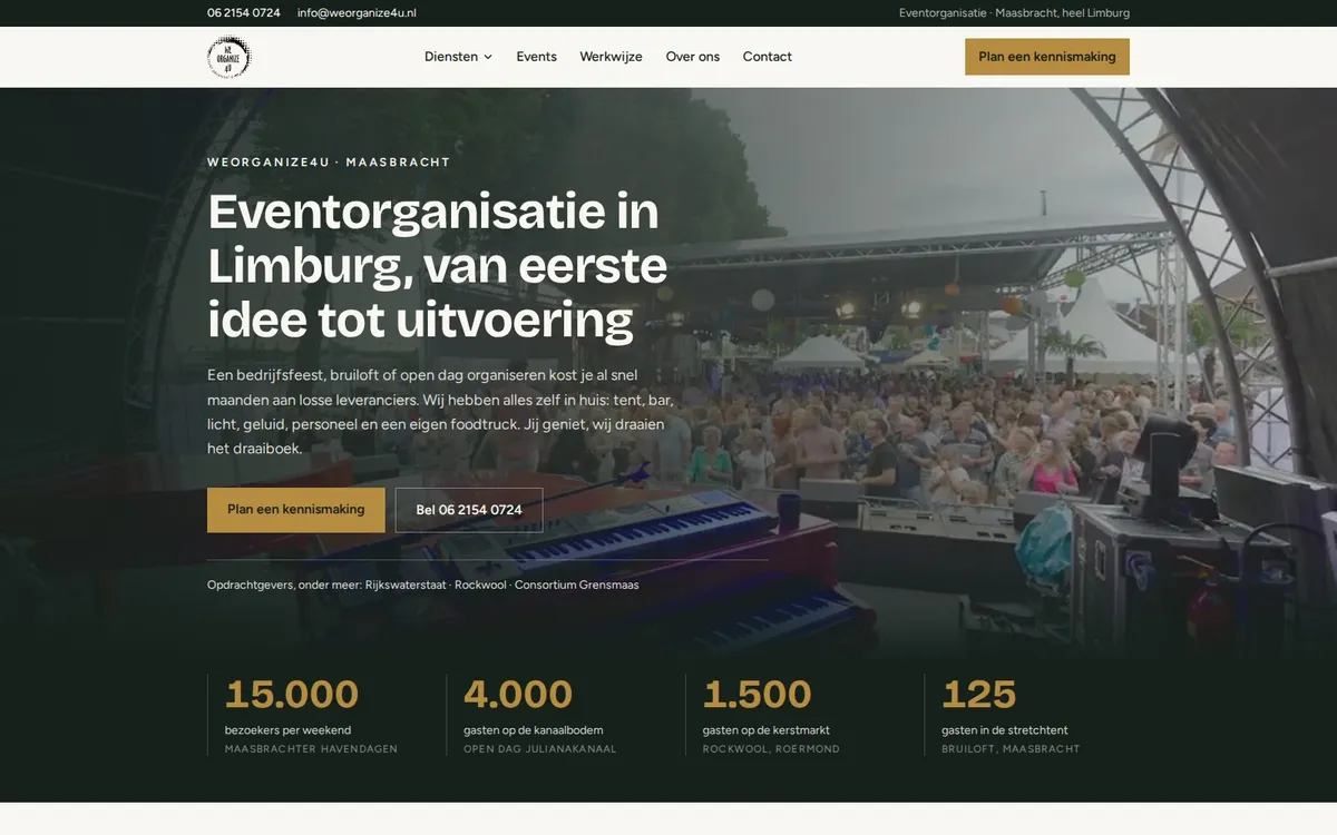 De website van WeOrganize4U, gebouwd door Vimonto